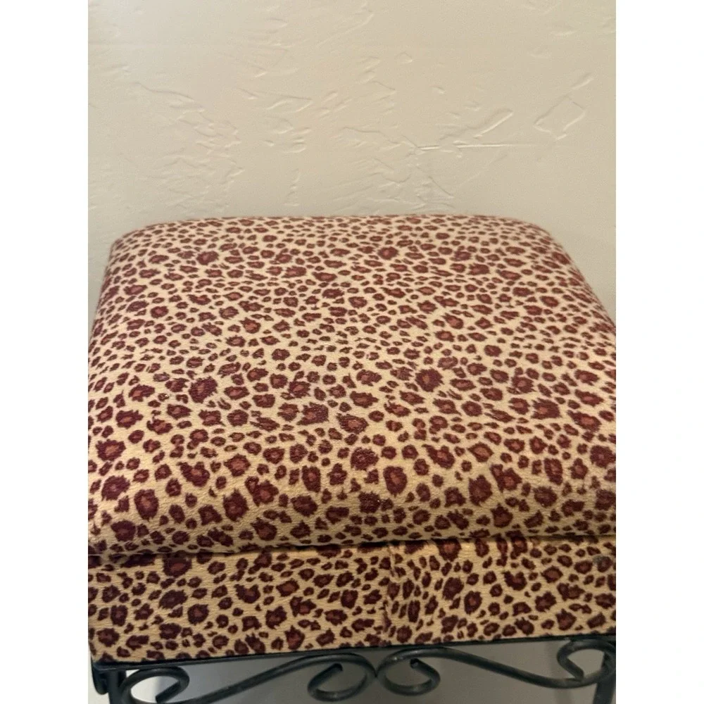 Vintage Leopard Velvet Foot Stool‎ Ottoman with Wrough Iron Legs 11